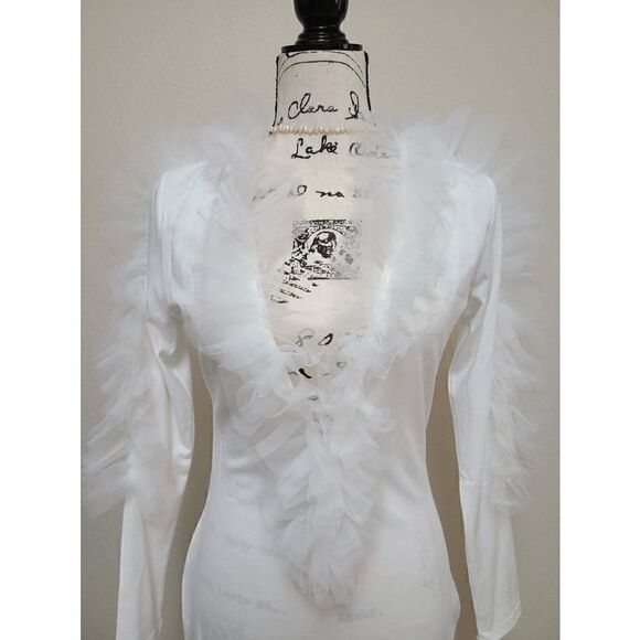 🤍 Deep V-Neck Cleavage Flounce Ruffle Bodycon Party Mini White Dress SIZE M NEW - Picture 9 of 15